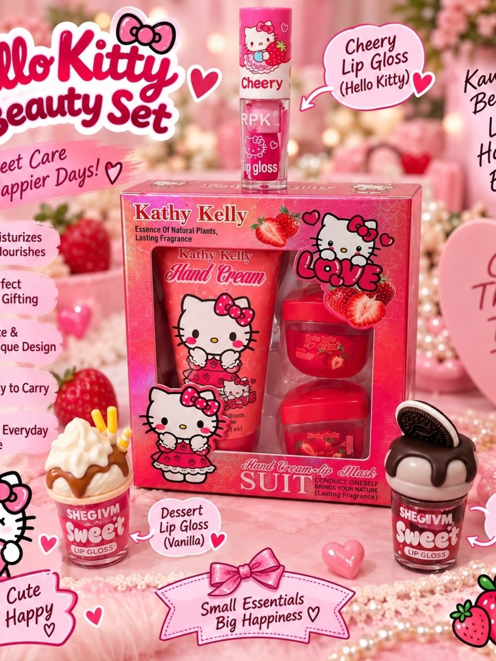 6 Peice Kitty Pink Hand Cream & Lip Gloss Beauty Set
